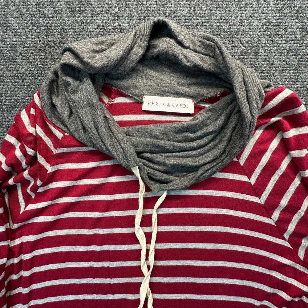 Chris & Carol Red Gray Striped Cowl Neck Top Elbow Patches Small